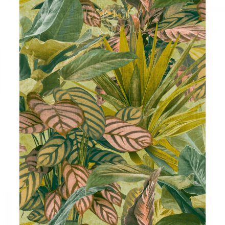  Trópusi mintás szövet hatású tapéta, zöld és barackvirág színű, Grandeco Wanderlust 2003